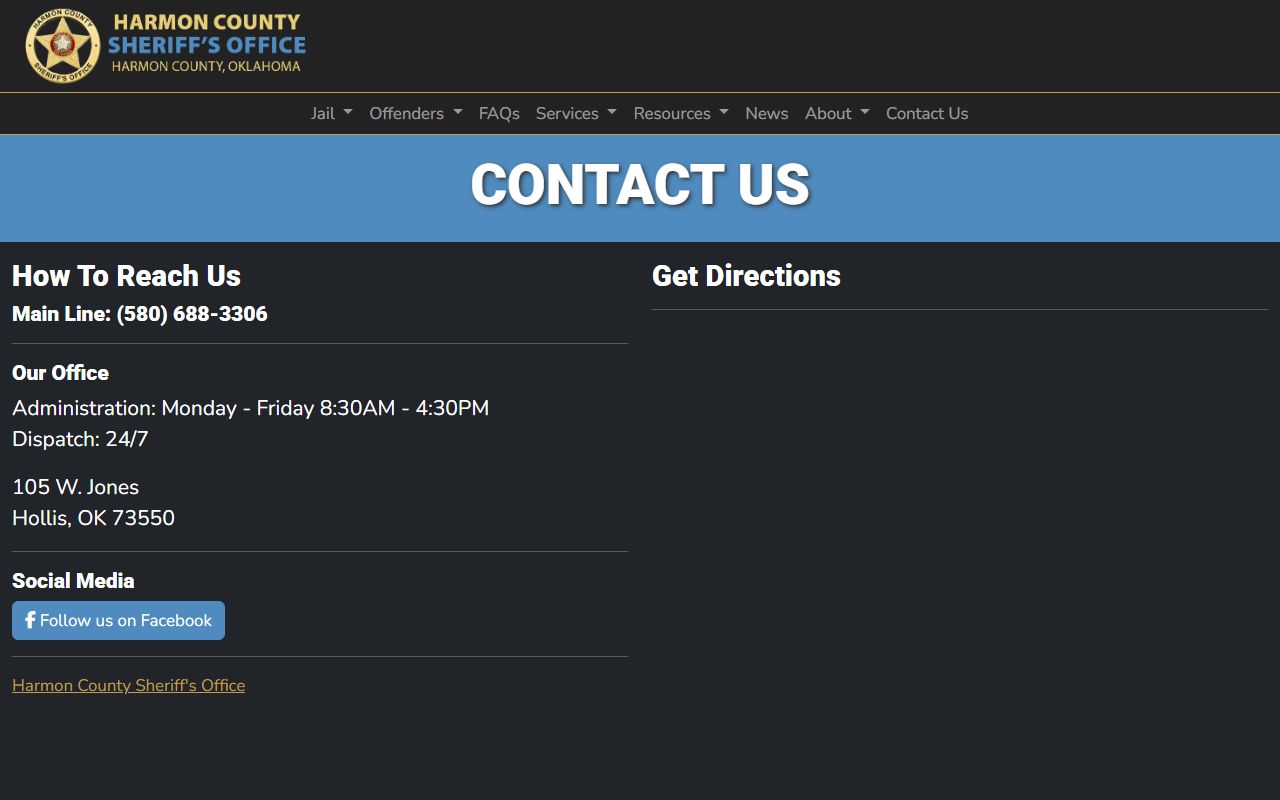 Harmon County Sheriff's Office contact page used for Harmon County arrest records questions