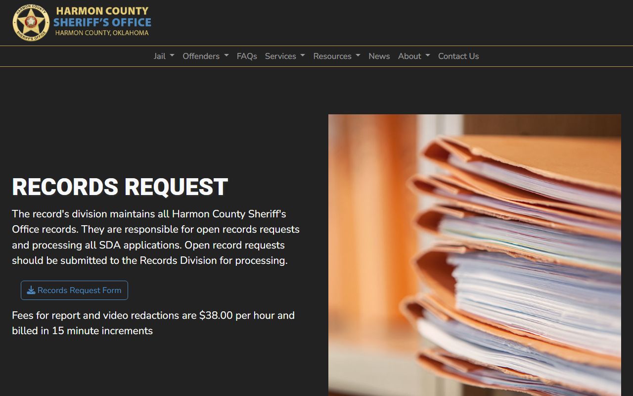 Harmon County Sheriff's Office open records request form for Harmon County arrest records and charges