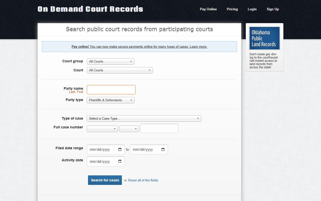 ODCR public search form for Harmon County court dockets