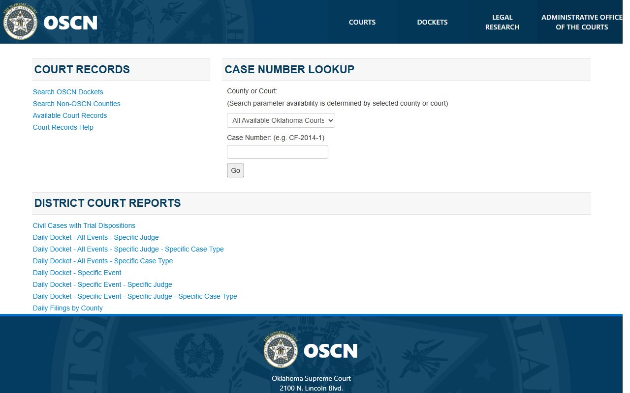 OSCN court records page for Harmon County court dockets