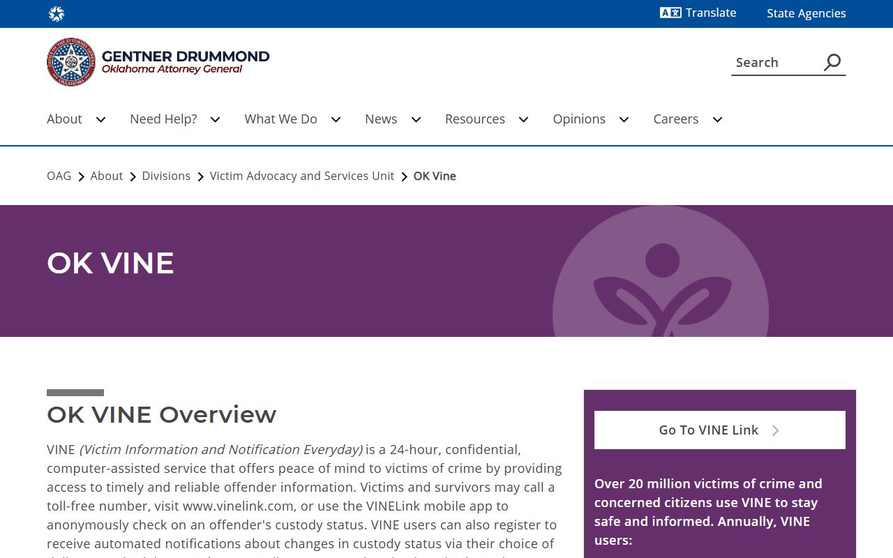 Oklahoma OK VINE page used alongside Harmon County court records for victim notification