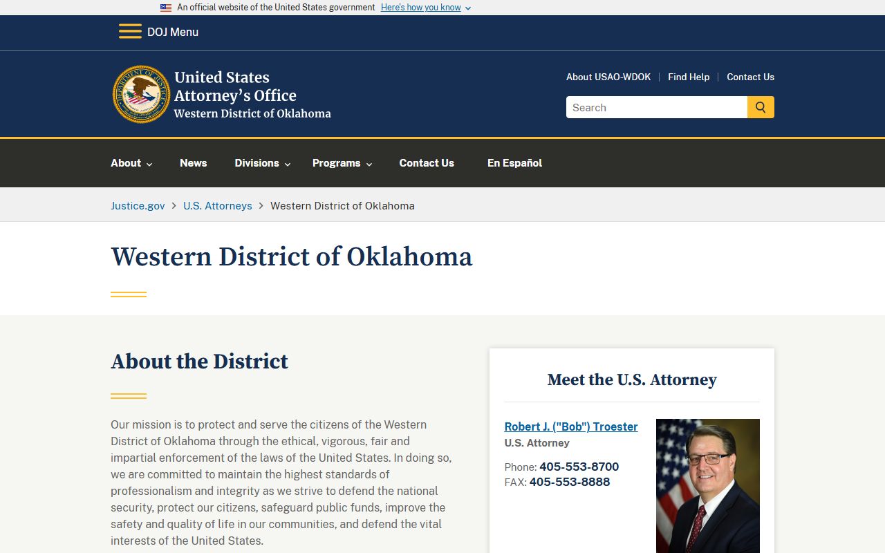 Harmon County District Court and federal prosecution through the U.S. Attorney for the Western District of Oklahoma