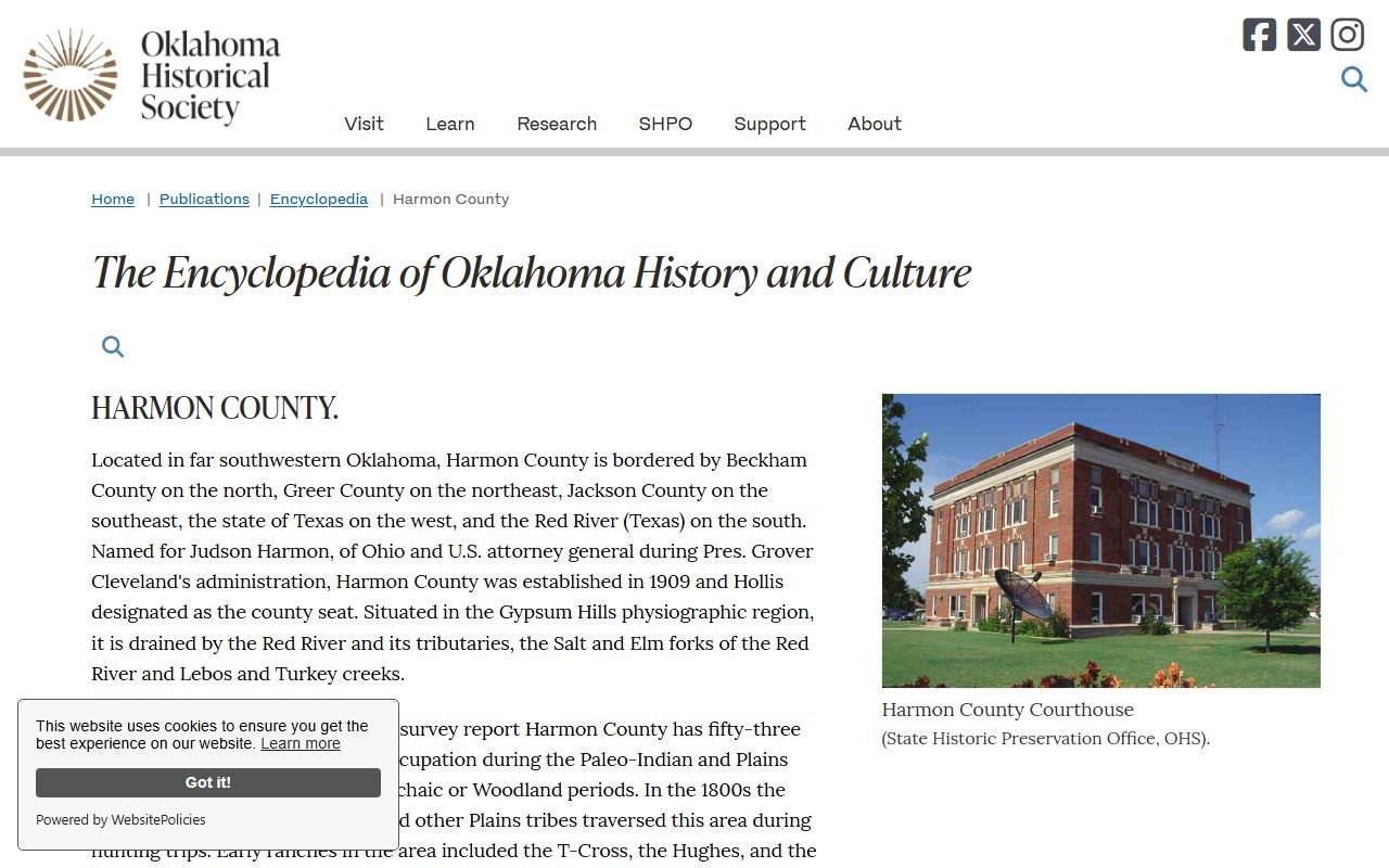 Oklahoma Historical Society Harmon County court records history page