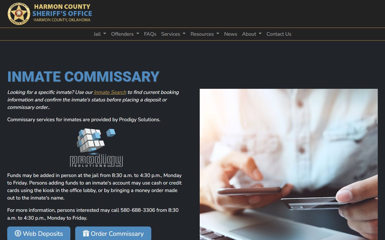 Harmon County inmate commissary page naming Prodigy Solutions as the provider