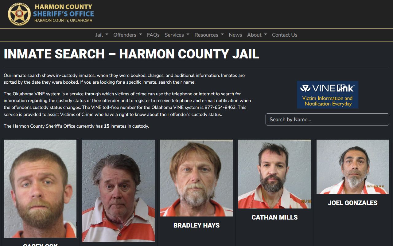 Harmon County jail inmate search roster page listing in-custody bookings