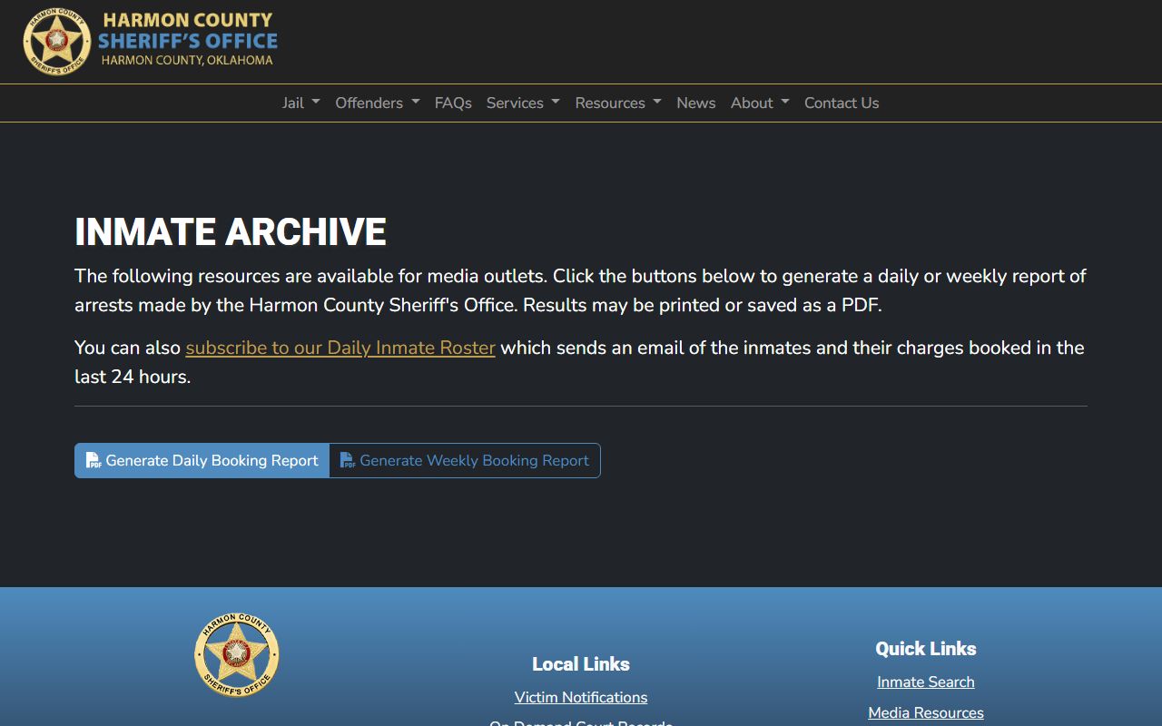 Harmon County media resources page with booking reports and Daily Inmate Roster email sign-up