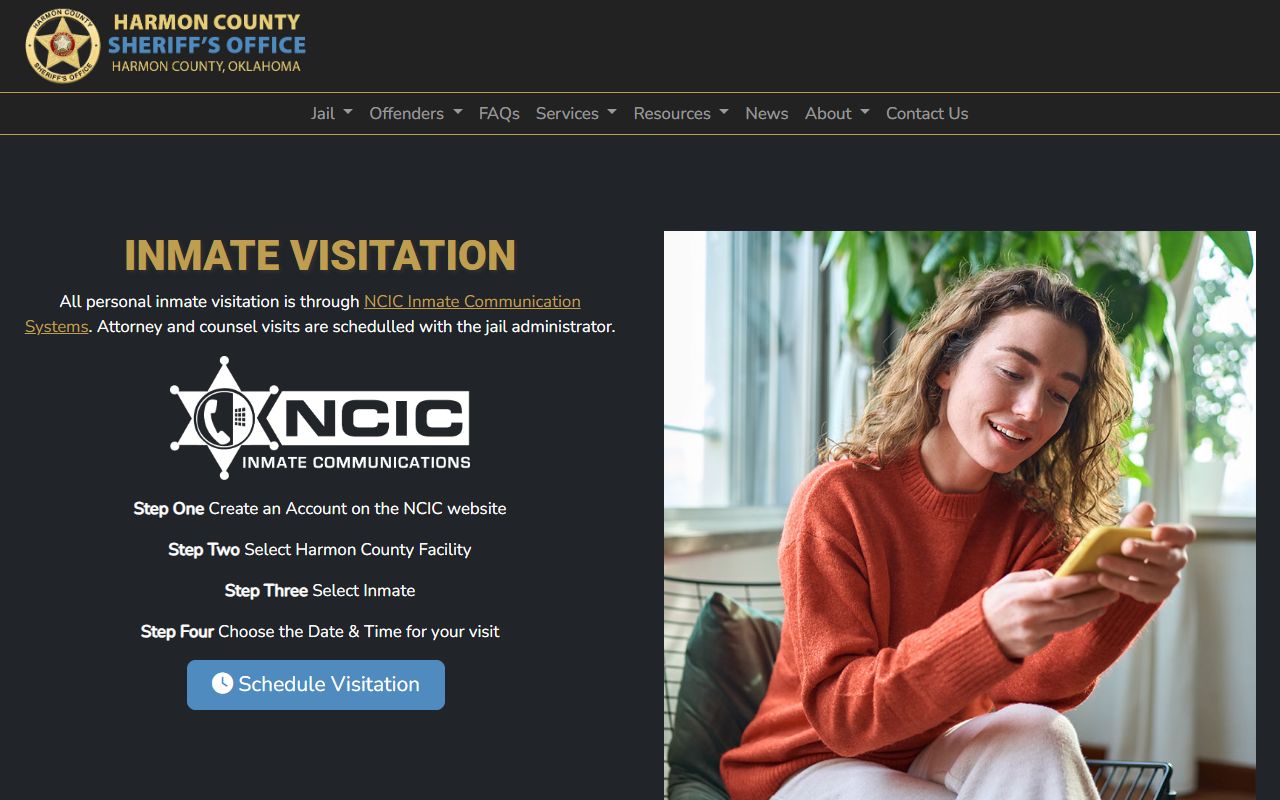 NCIC visitation scheduling page for Harmon County inmate video visits