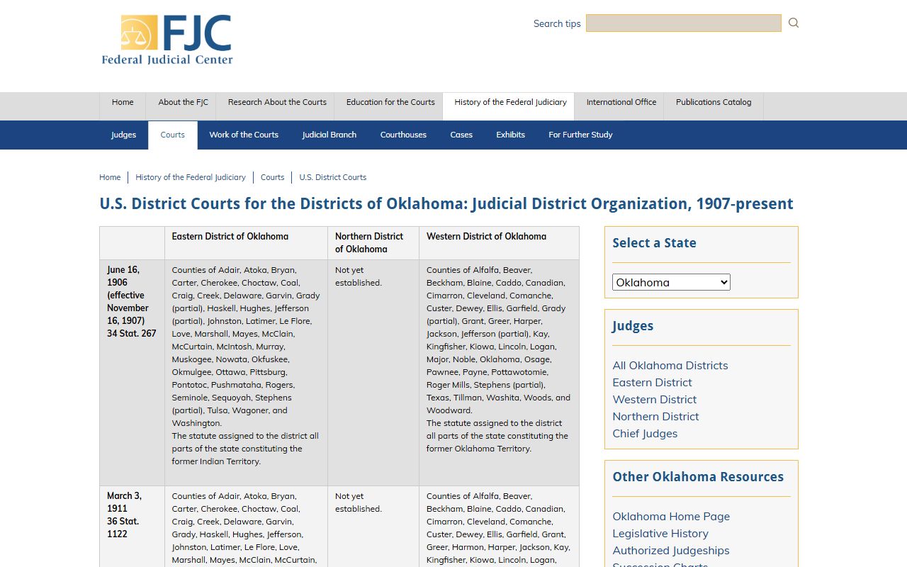 Federal Judicial Center history page referenced for Harmon County marriage and divorce records jurisdiction