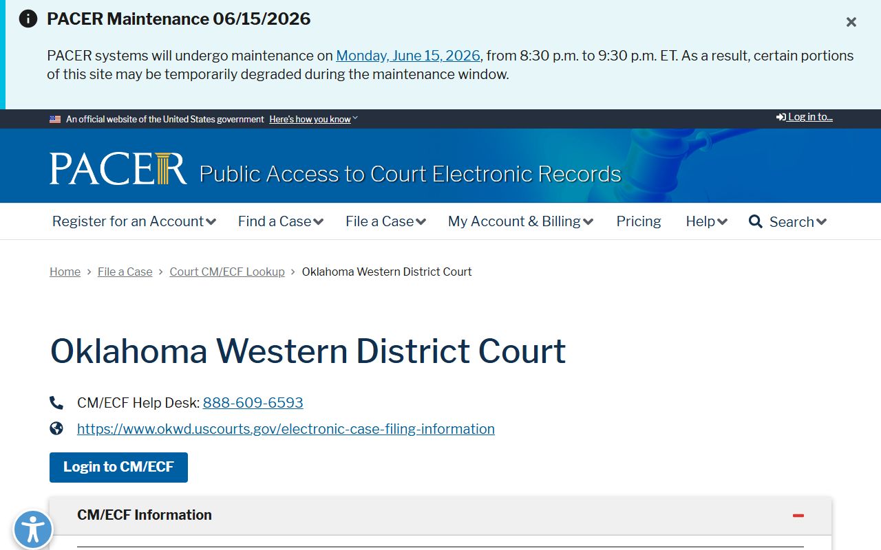 Federal PACER court lookup used to contrast federal dockets with Harmon County probate records