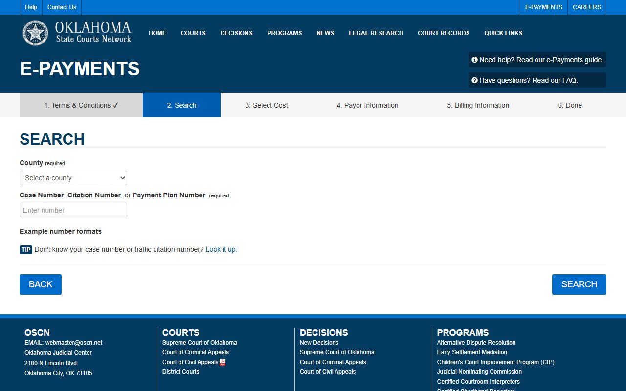Harmon County traffic citation lookup on the OSCN e-payments search form