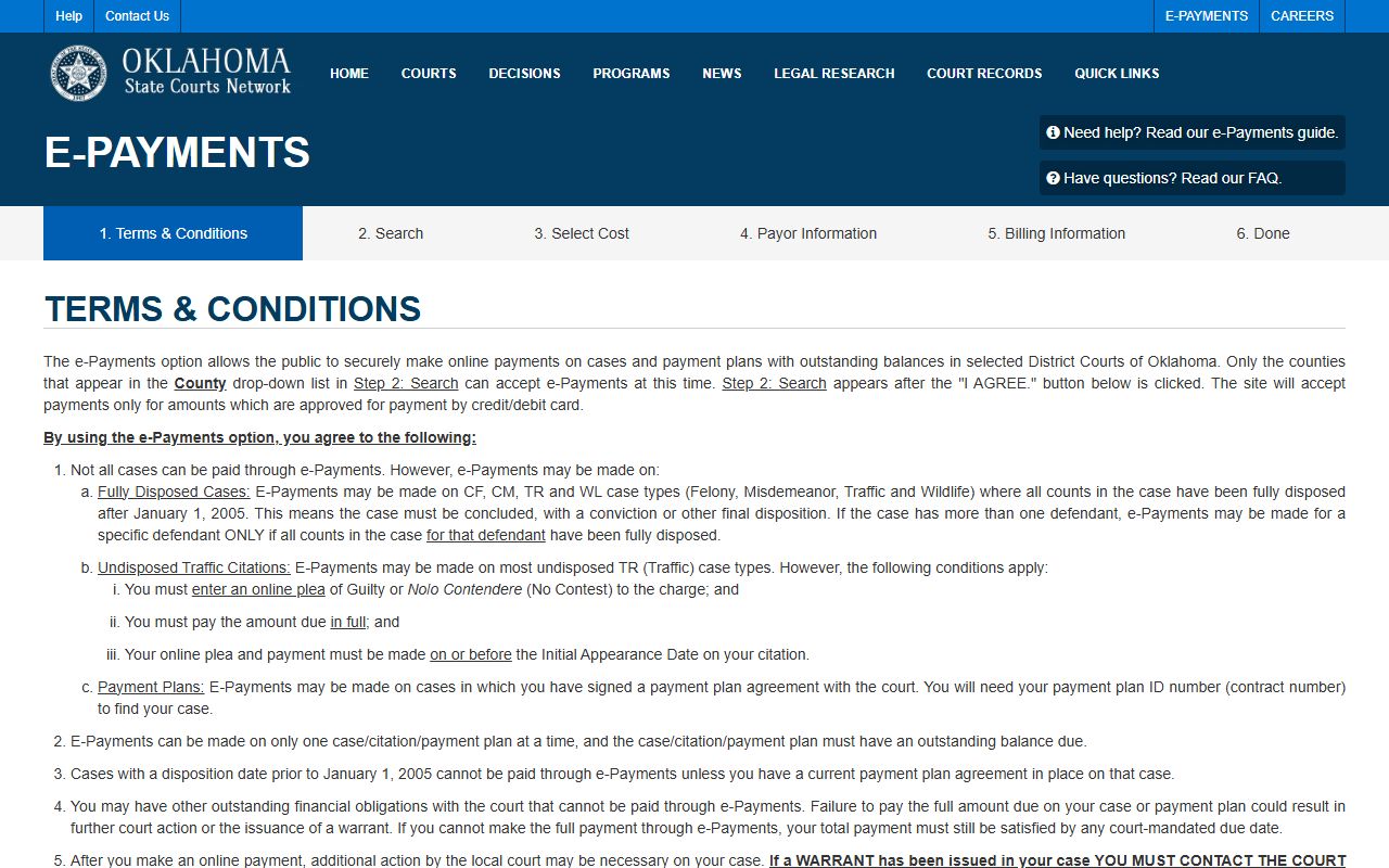 OSCN e-payments eligibility rules for Harmon County traffic citations