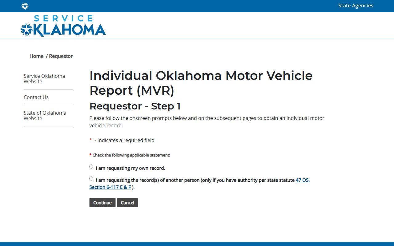 Service Oklahoma individual driver record request used with Harmon County traffic records
