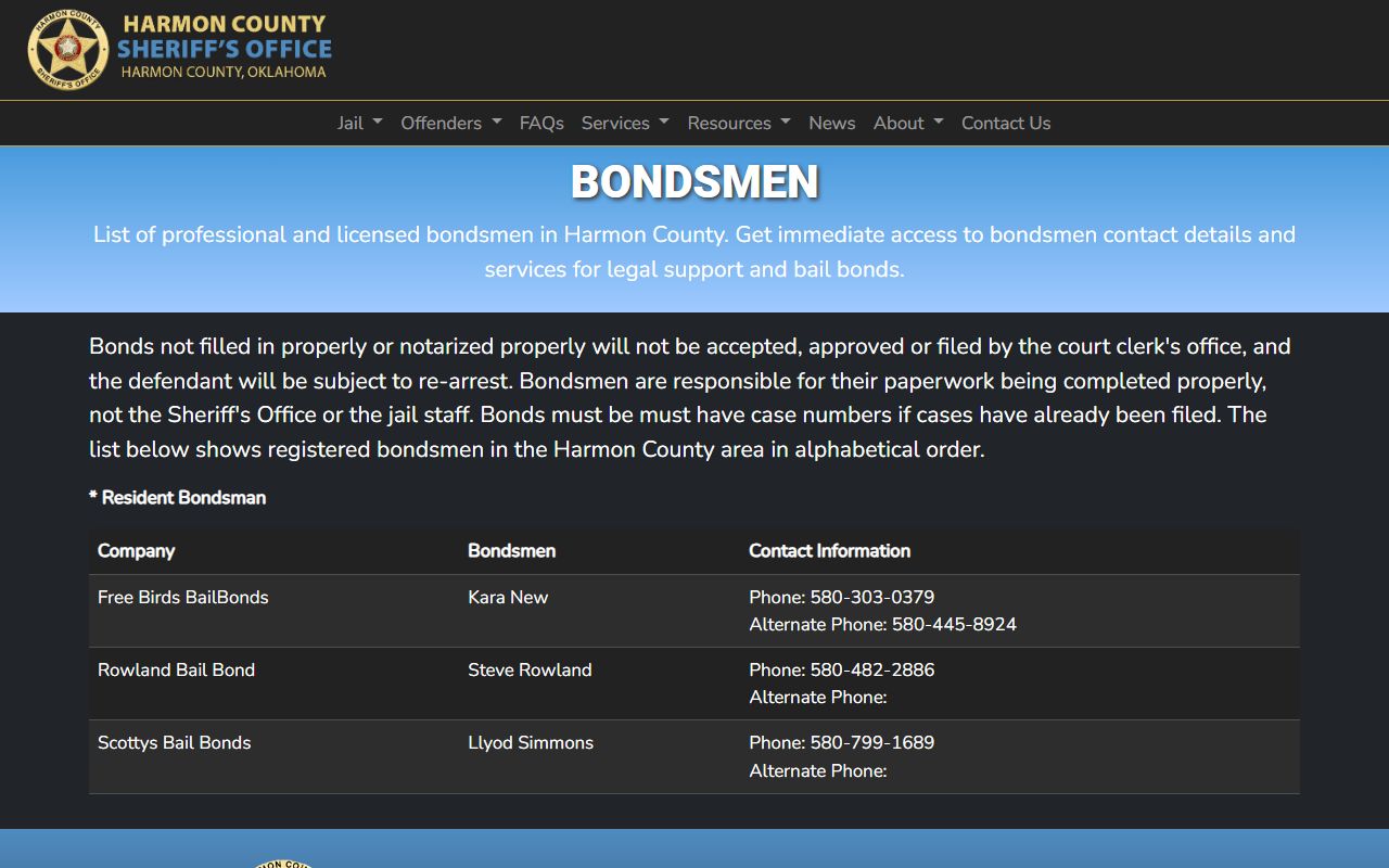 Harmon County warrant resolution page listing registered bondsmen