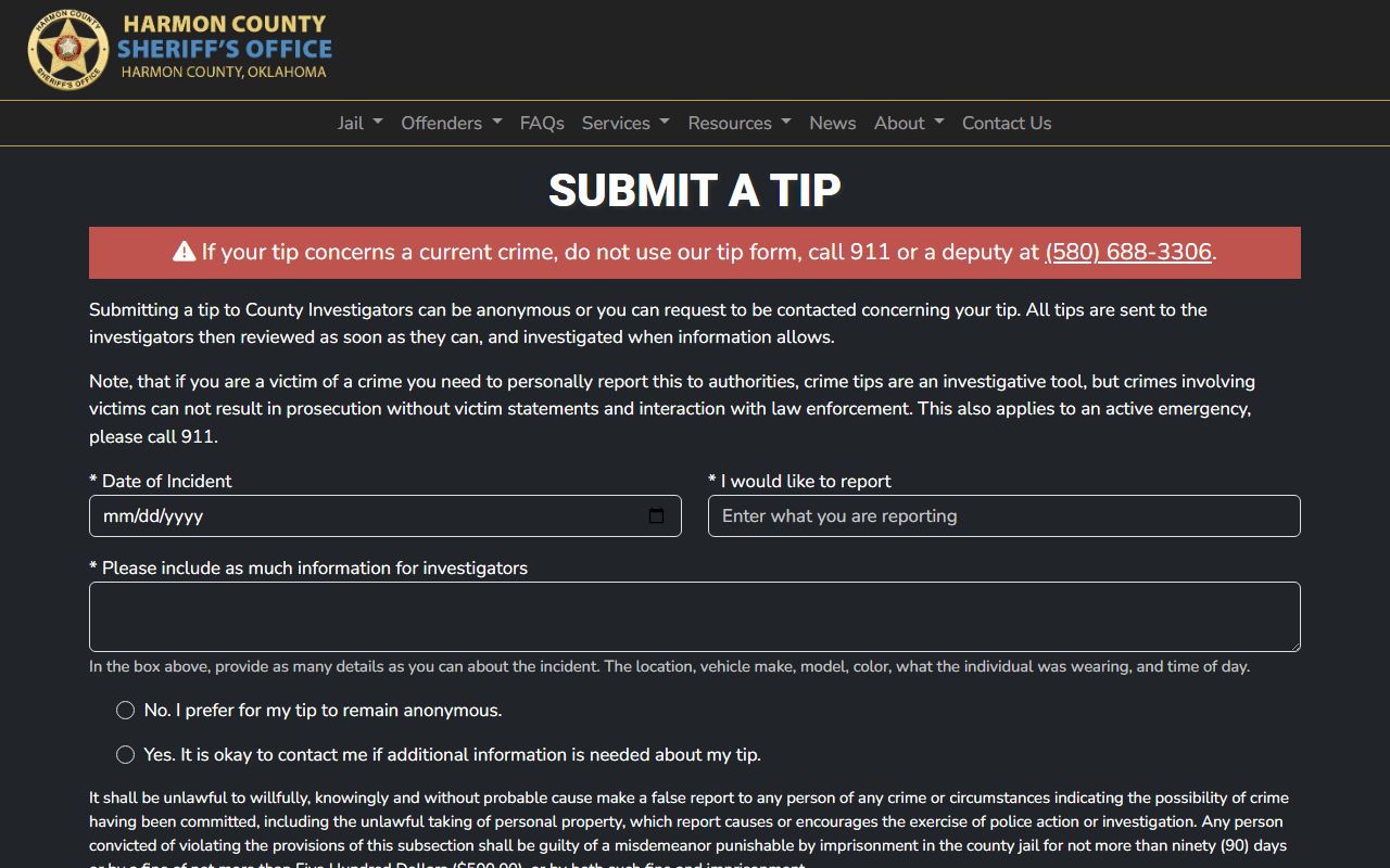 Harmon County warrant tip page for the Harmon County Sheriff's Office