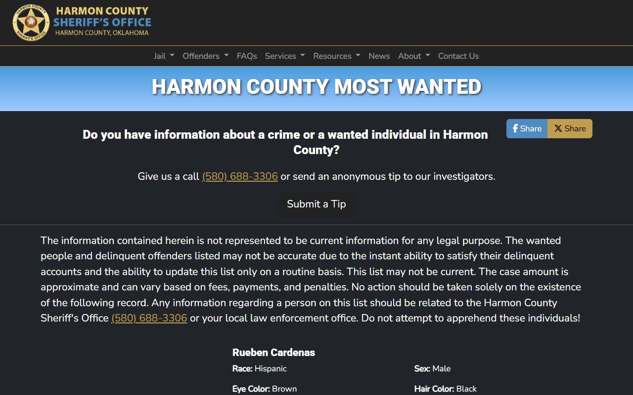 Harmon County warrant most wanted page with a wanted-person record layout
