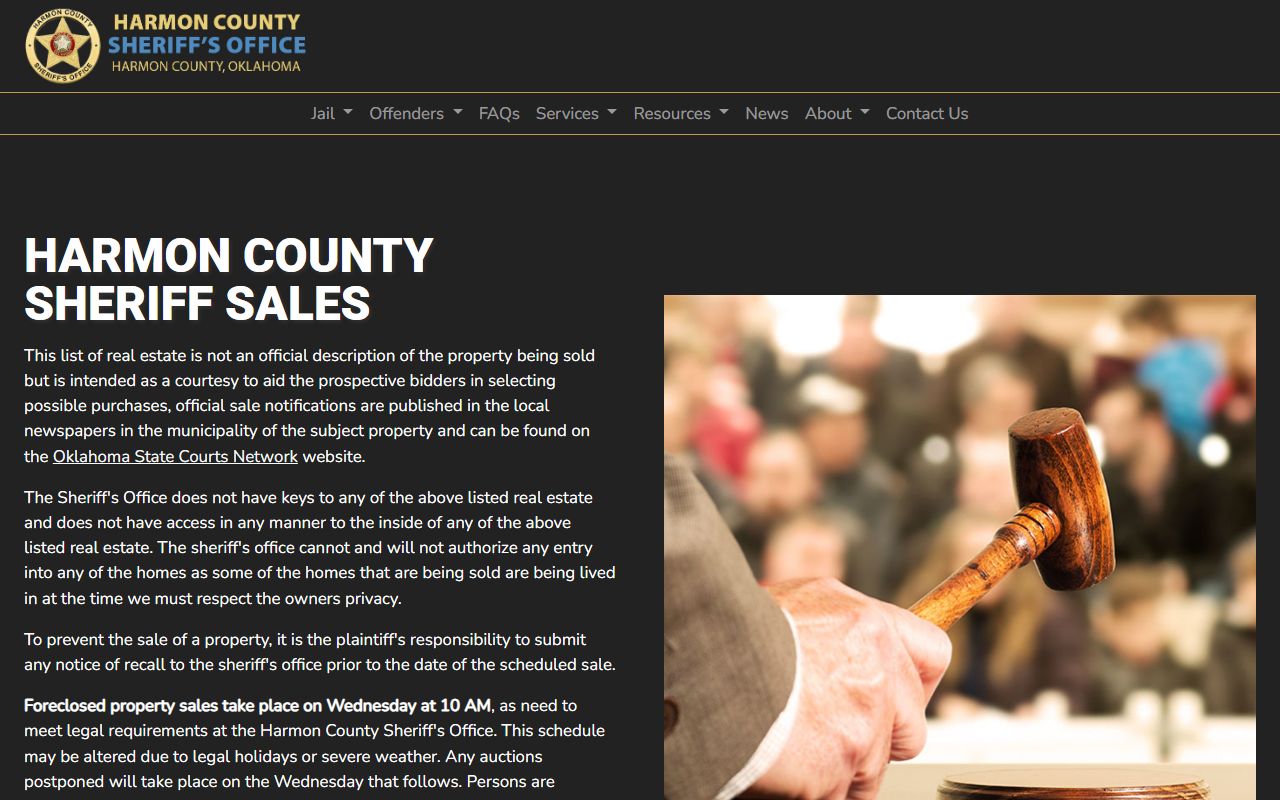 Harmon County warrant related sheriff sale page with bidder terms